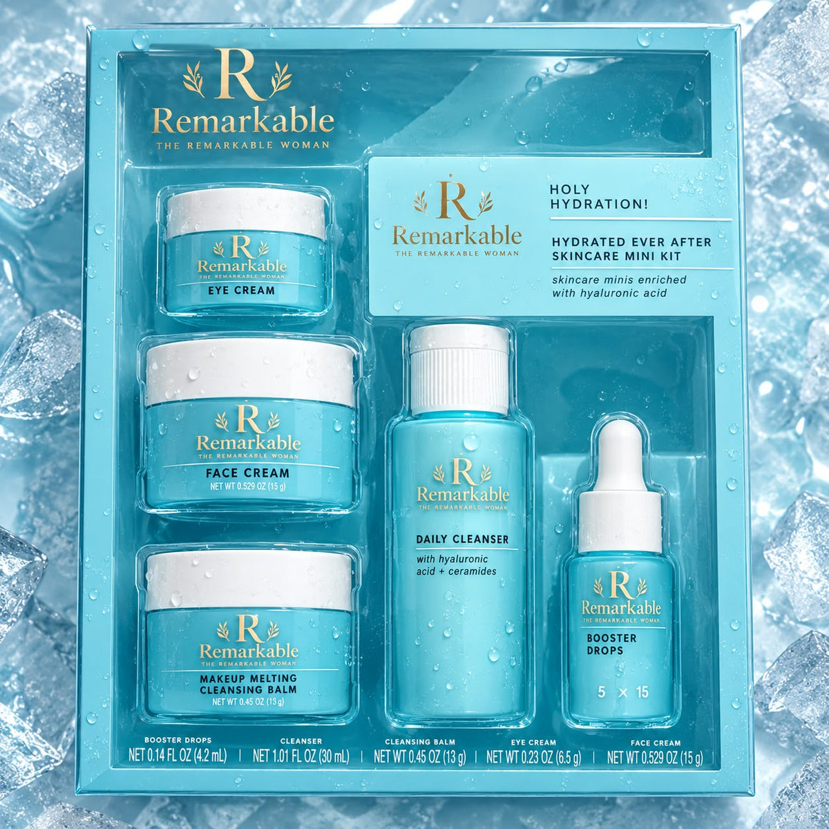 Vegan Remarkable Hydration Skincare Set – Daily Cleanser, Booster Drops, Face Cream & Cleansing Balm